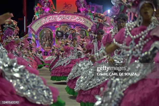 Members of Mangueira samba school perform during the first night carnival parade at the Marques de Sapucai Sambadrome in Rio de Janeiro, Brazil on...