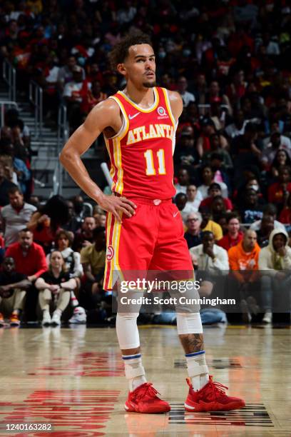 Trae Young of the Atlanta Hawks looks on during the game against the Miami Heat during Round 1 Game 3 of the NBA Playoffs on April 22, 2022 at State...