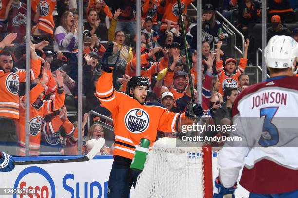 Evan Bouchard of the Edmonton Oilers celebrates after a goal during the game against the Colorado Avalanche on April 22, 2022 at Rogers Place in...