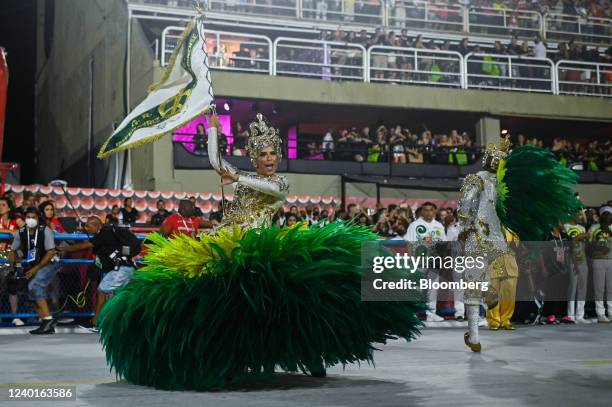 Members of Imperatriz Leopoldinense Samba School perform at the Marques de Sapucai Sambadrome during Carnival 2022 in Rio de Janeiro, Brazil, on...