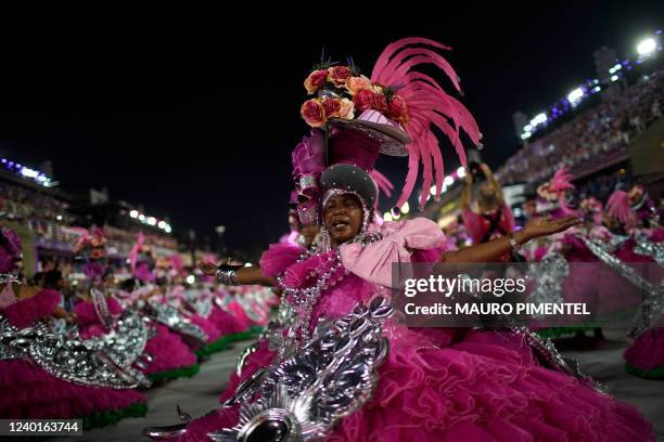 Members of Estacao Primeira de Mangueira samba school perform during the first night of carnival parades at the Marques de Sapucai Sambadrome in Rio...