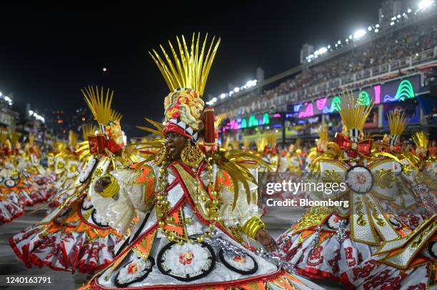 Members of Imperatriz Leopoldinense Samba School perform at the Marques de Sapucai Sambadrome during Carnival 2022 in Rio de Janeiro, Brazil, on...