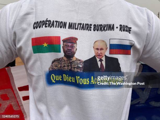 Pro-Russia supporter wears a shirt promoting cooperation between Burkina Faso and Russia during a pro-Russia rally in Ouagadougou, Burkina Faso, on...
