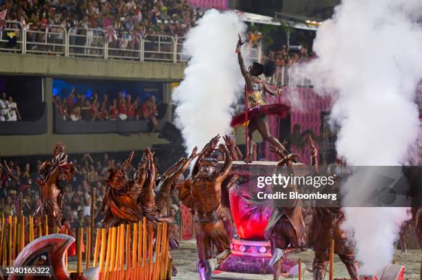 Members from a Samba school perform at the Marques de Sapucai Sambadrome during Carnival 2022 in Rio de Janeiro, Brazil, on Friday, April 22, 2022....