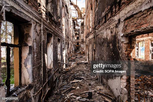 Corridor is seen amid the ruins of a destroyed school in northeast Kharkiv. A school that used to be occupied by Russian soldiers is now in Ukraine's...