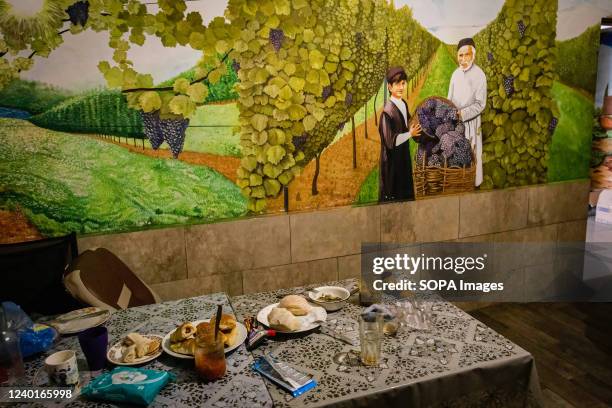 Dining place for people sheltering in a USSR-built bread factory in northeast Kharkiv, Ukraine. A bread factory built in Soviet times is now used to...