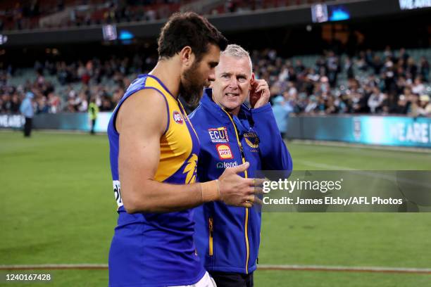 Josh J. Kennedy and Adam Simpson, Senior Coach of the Eagles during the 2022 AFL Round 06 match between the Port Adelaide Power and the West Coast...