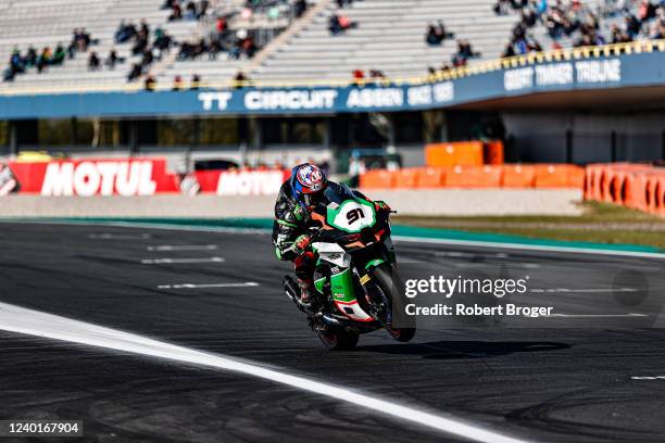 Leon Hazlam from Great Britain and Kawasaki ZX 10RR during the World Superbike Free Practice at Assen TT Circuit on April 23, 2022 in Assen,...