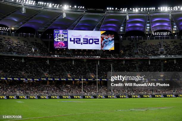 The crowd attendance can be seen during the 2022 AFL Round 06 match between the Fremantle Dockers and the Carlton Blues at Optus Stadium on April 23,...