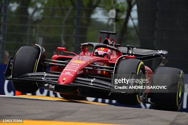 Ferrari's Monegasque driver Charles Leclerc steers his car during the second practice session at the Autodromo Internazionale Enzo e Dino Ferrari...