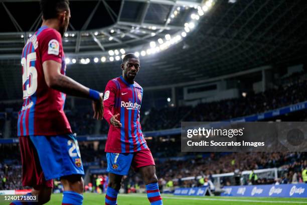 Pierre Emerick Aubameyang of FC Barcelona, Ousmane Dembele of FC Barcelona during the La Liga Santander match between Real Sociedad v FC Barcelona at...