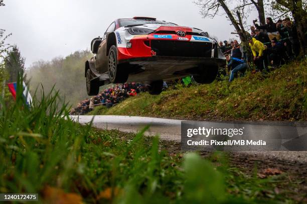 Elfyn Evans and Scott Martin of Great Britain compete in Toyota GR Yaris Rally1 during Day Three of the FIA World Rally Championship Croatia on April...