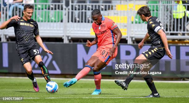 Pietro Ceccaroni and Ales Mateju of Venezia competes for the ball with Duvan Zapata of Atalanta during the Serie A match between Venezia FC and...