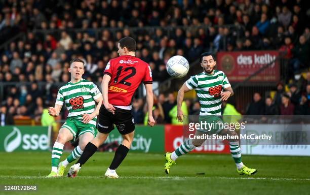 Dublin , Ireland - 22 April 2022; Andy Lyons of Shamrock Rovers has a shot on goal during the SSE Airtricity League Premier Division match between...