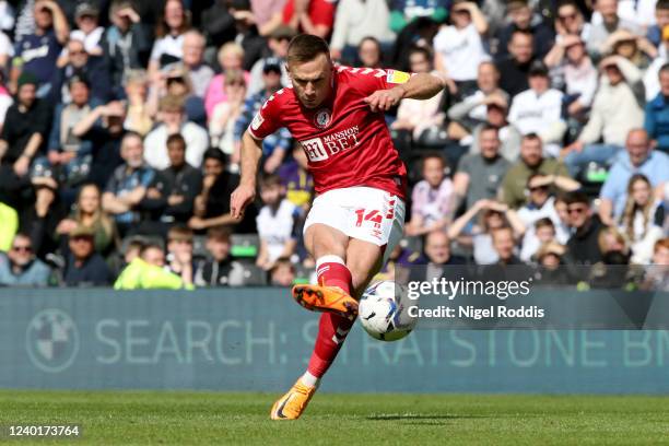 Andreas Weimann of Bristol City shoots to score during the Sky Bet Championship match between Derby County and Bristol City at Pride Park Stadium on...