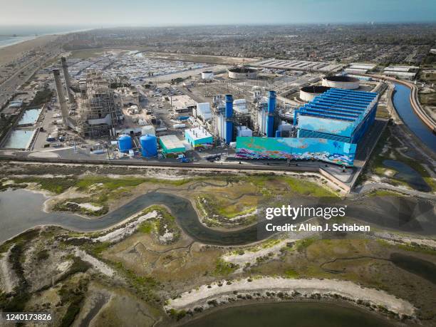 Huntington Beach, CA An aerial view of the Huntington Beach Wetlands and the Huntington Beach Energy Center, formerly AES Huntington Beach, a natural...