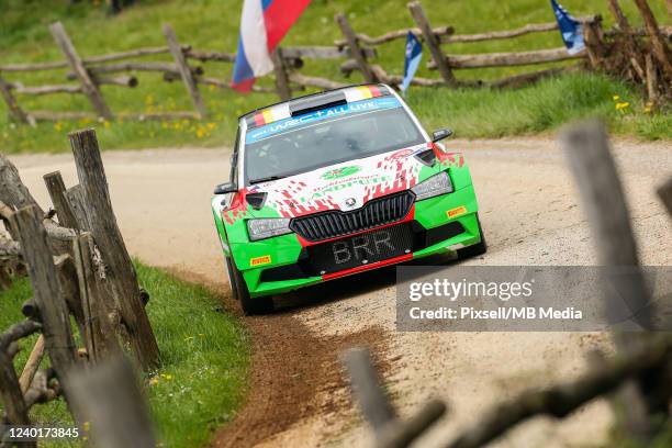 Armin Kremer of Germany and Timo Gottschalk of Germany compete in their Armin Kremer Skoda Fabia EVO during Day Three of the FIA World Rally...