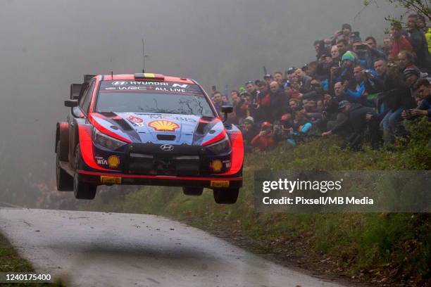 Thierry Neuville of Belgium and Martijn Wydaeghe of Belgium compete with their Hyundai Shell Mobis WRT Hyundai i20 N Rally1 during Day Three of the...