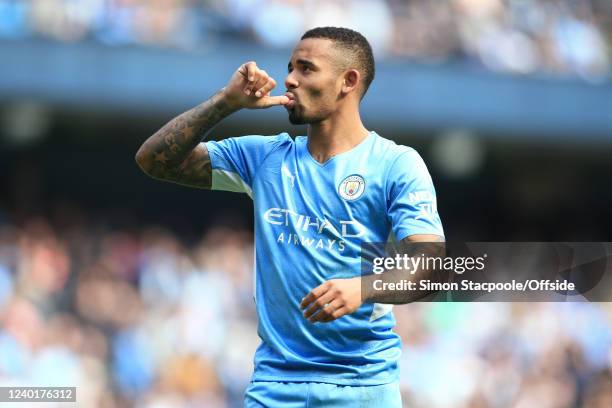 Gabriel Jesus of Manchester City sucks his thumb as he celebrates after scoring their 4th goal during the Premier League match between Manchester...