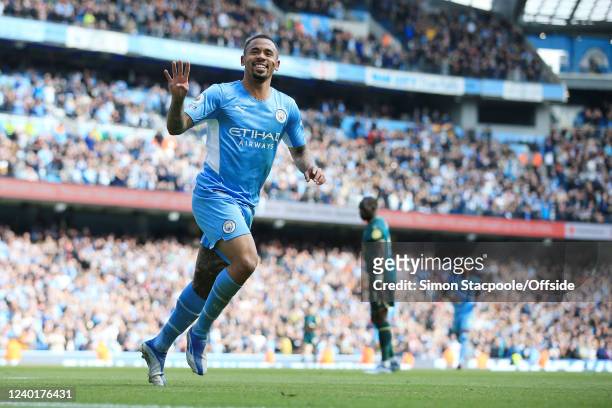 Gabriel Jesus of Manchester City celebrates after scoring their 5th goal during the Premier League match between Manchester City and Watford at...