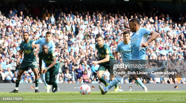 Manchester City's Gabriel Jesus scores his sides fourth goal from the penalty spot during the Premier League match between Manchester City and...