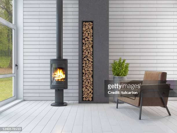 witte scandinavische woonkamer met eco open haard - fireplace stockfoto's en -beelden