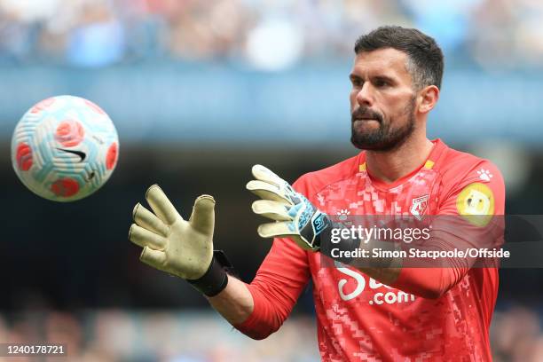 Watford goalkeeper Ben Foster catches the ball during the Premier League match between Manchester City and Watford at Etihad Stadium on April 23,...