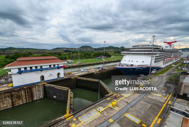 Cruise ship navigates through the Miraflores locks, at the Panama Canal, on April 23, 2022.