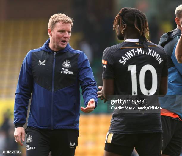 Newcastle United manager Eddie Howe with Allan Saint-Maximin of Newcastle United after the match during the Premier League match between Norwich City...