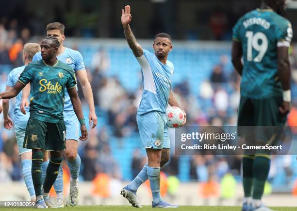 Manchester City's Gabriel Jesus takes home the match ball at the final whistle after scoring four goals for his side during the Premier League match...