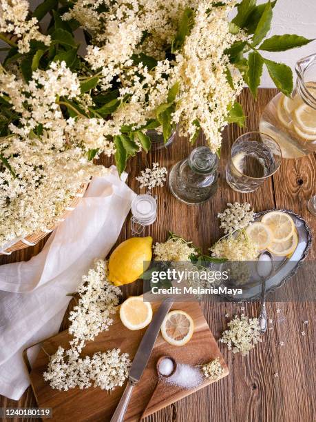 holunderblütenblütensirup mit zitronen auf holz - sirup stock-fotos und bilder