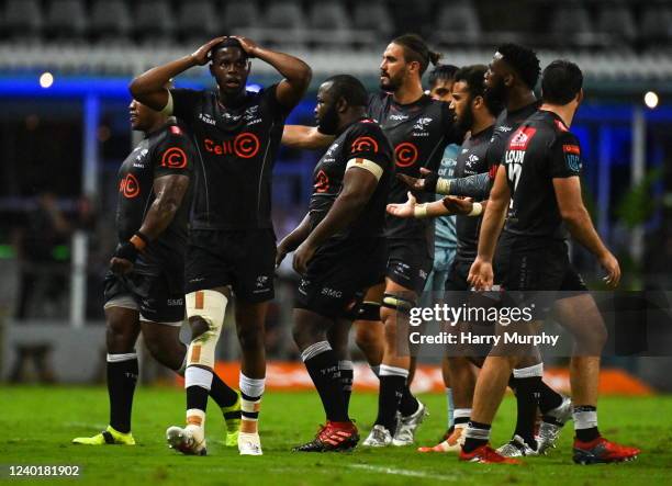 Durban , South Africa - 23 April 2022; Aphelele Fassi of Cell C Sharks, second left, reacts during the United Rugby Championship match between Cell C...