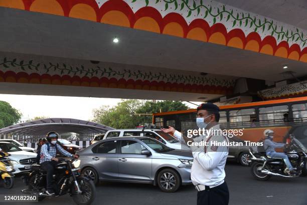 Delhi traffic police personnel at the Ashram Chowk underpass before it opens to the public tomorrow, on April 23, 2022 in New Delhi, India. Delhi's...