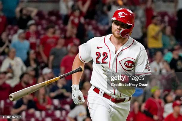 Brandon Drury of the Cincinnati reacts after flying out in the ninth inning during the game between the St. Louis Cardinals and the Cincinnati Reds...