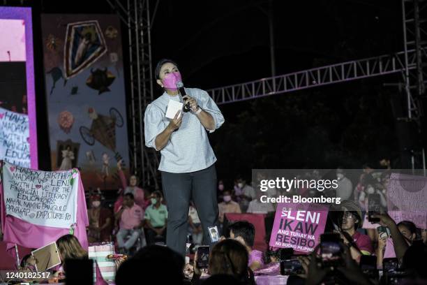 Leni Robredo, Philippine vice president and presidential candidate, speaks during a campaign rally in Pasay City, the Philippines, on Saturday, April...