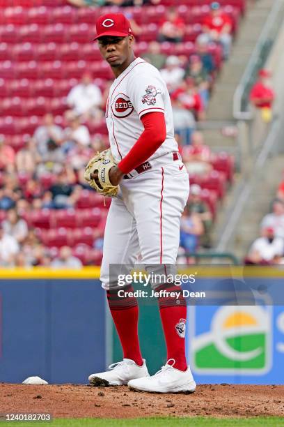 Hunter Greene of the Cincinnati Reds pitches during the game between the St. Louis Cardinals and the Cincinnati Reds at Great American Ball Park on...