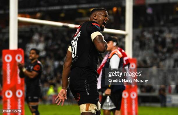 Durban , South Africa - 23 April 2022; Sikhumbuzo Notshe of Cell C Sharks celebrates after his side's victory in the United Rugby Championship match...