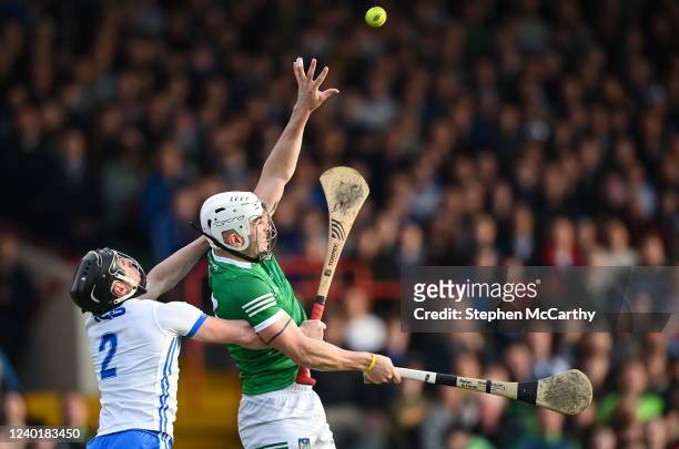 Limerick , Ireland - 23 April 2022; Aaron Gillane of Limerick in action against Conor Gleeson of Waterford during the Munster GAA Hurling Senior...