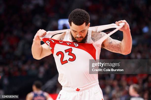 Fred VanVleet of the Toronto Raptors rips his jersey during the first half of Game Four of the Eastern Conference First Round against the...