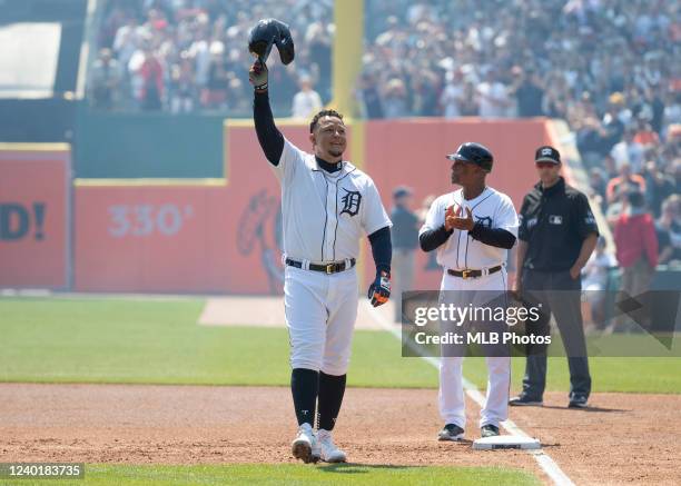 Miguel Cabrera of the Detroit Tigers reacts after hitting a single in the first inning to reach 3,000 MLB career hits during the game between the...