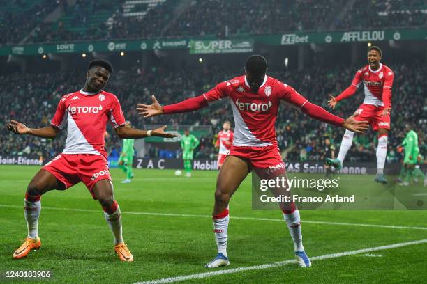 Aurelien TCHOUAMENI of Monaco,Myron BOADU of Monaco and Ismail JAKOBS of Monaco during the Ligue 1 Uber Eats match between Saint-Etienne and Monaco...