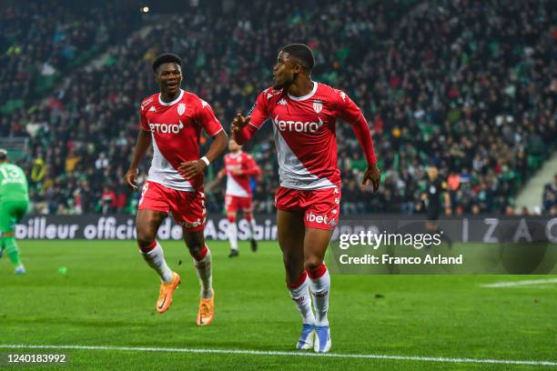 Aurelien TCHOUAMENI of Monaco and Myron BOADU of Monaco during the Ligue 1 Uber Eats match between Saint-Etienne and Monaco at Stade...