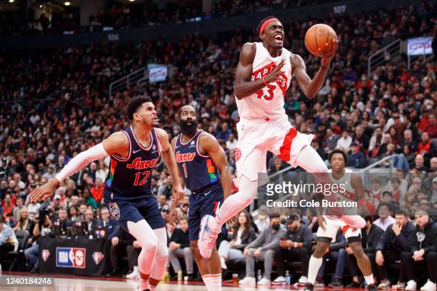 Pascal Siakam of the Toronto Raptors drives to the net against Tobias Harris of the Philadelphia 76ers during the first half of Game Four of the...