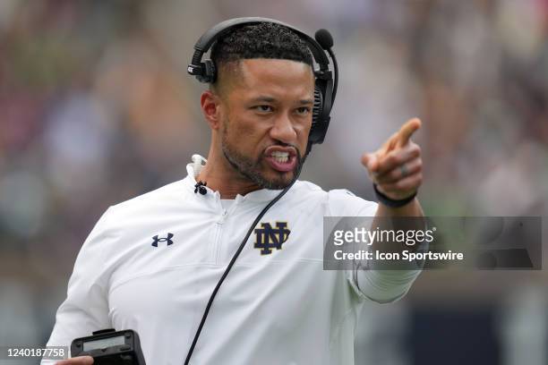 Notre Dame Fighting Irish head coach Marcus Freeman points down field during the Notre Dame Blue-Gold Spring Football Game on April 23, 2022 at Notre...