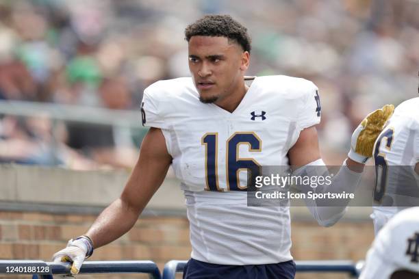 Notre Dame Fighting Irish safety Brandon Joseph looks on in action during the Notre Dame Blue-Gold Spring Football Game on April 23, 2022 at Notre...