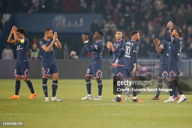 Paris Saint-Germain celebrating after winning RC Lens during the Ligue 1 Uber Eats match between Paris Saint Germain and RC Lens at Parc des Princes...