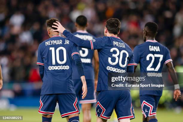 Lionel Messi of Paris Saint Germain celebrating his goal with his teammate Neymar Junior of Paris Saint Germain during the Ligue 1 Uber Eats match...