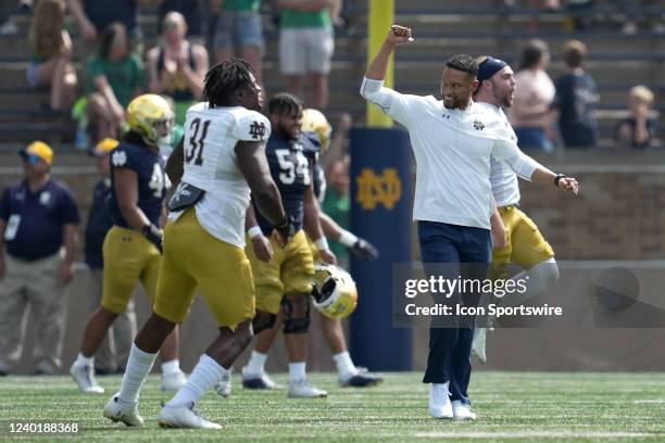 Notre Dame Fighting Irish head coach Marcus Freeman celebrates after the Notre Dame Blue-Gold Spring Football Game on April 23, 2022 at Notre Dame...