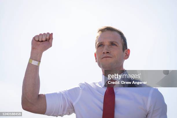 Max Miller, Republican candidate for Ohio's 7th congressional district, speaks during a rally hosted by former President Donald Trump at the Delaware...