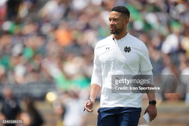 Notre Dame Fighting Irish head coach Marcus Freeman looks on in action during the Notre Dame Blue-Gold Spring Football Game on April 23, 2022 at...